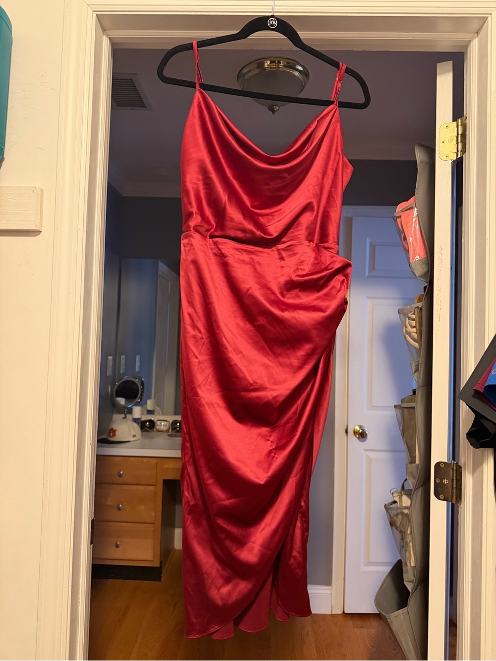 Red Satin Cowl-Neck Midi Slip Dress